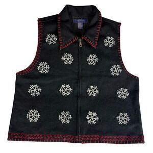 Life Style Black Snowflake Vest Women's Size M‎ Embroidered Zip Up Collar Casual